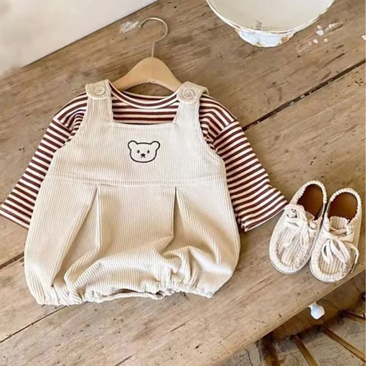 2pcs Baby Boy/Girl Embroidered Bear Romper with Striped T-shirt