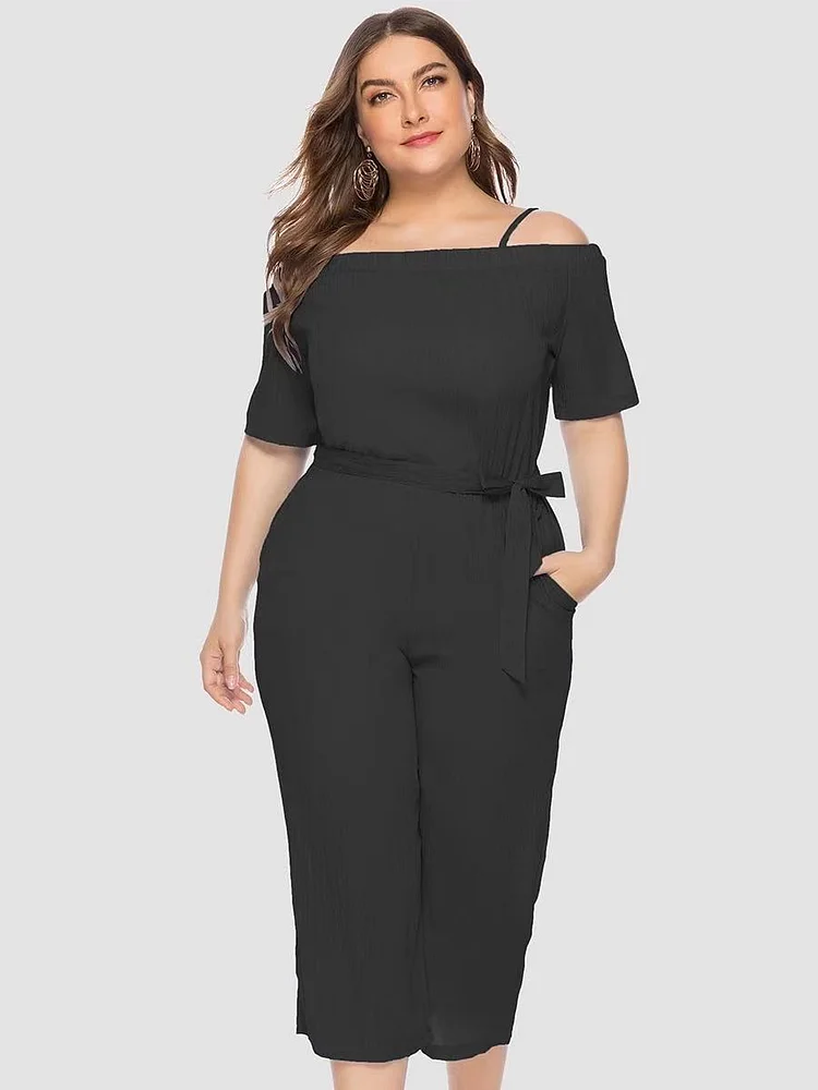 Women Plus Size Pants Summer Off-Shoulder Lace-up Jumpsuit