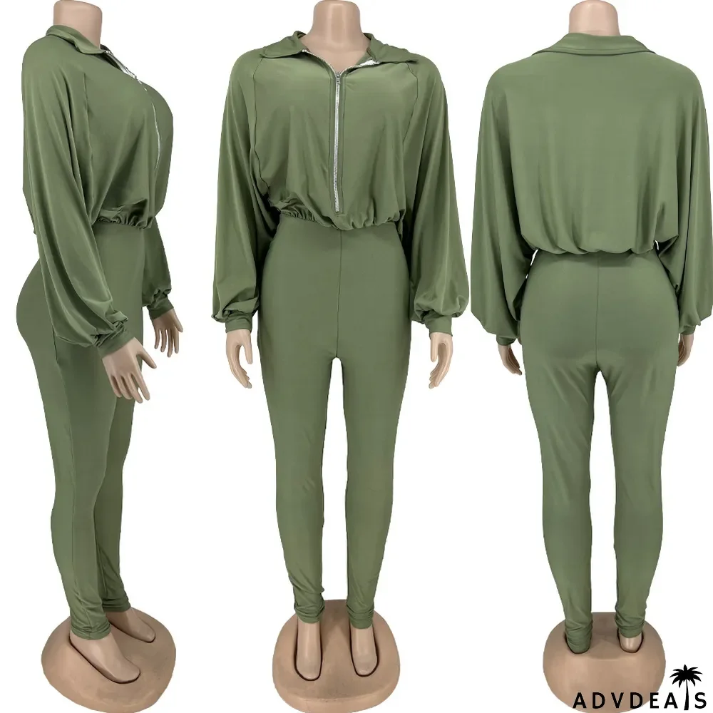 Plus Size Fashion Solid Color Zipper Jumpsuit