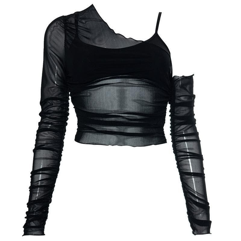 Mesh ruffled one off shoulder 2 piece crop top