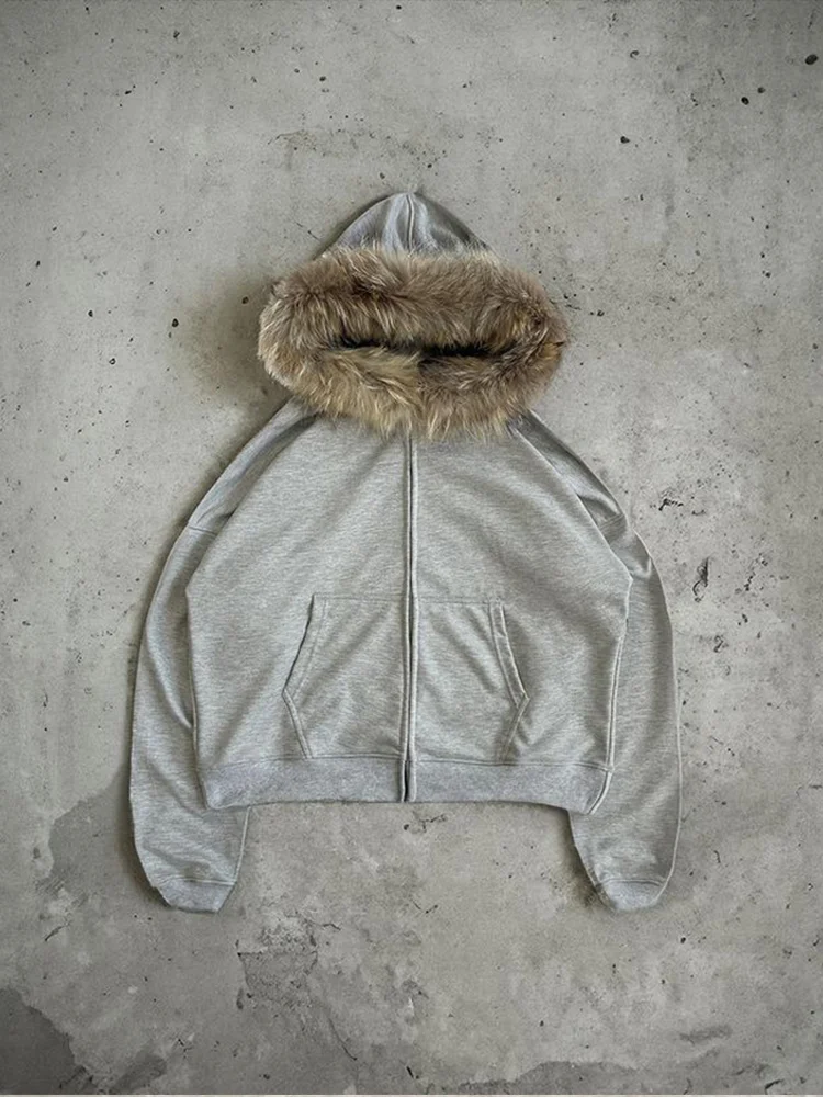 Aonga Plush liner retro Hoodie commuter Y2K top casual street rock aesthetics Harajuku punk hip-hops urban fashion chic women's hooded aonga