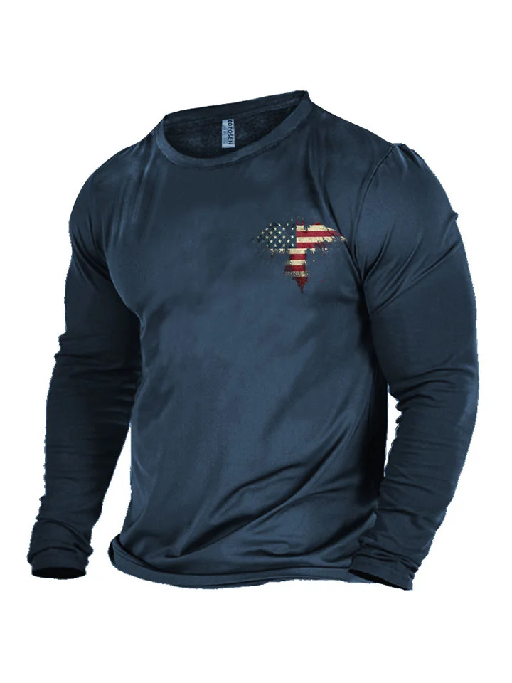 American Retro Street American Flag Print Long-sleeved Top Cotton Round Neck Men's Bottoming Clothes