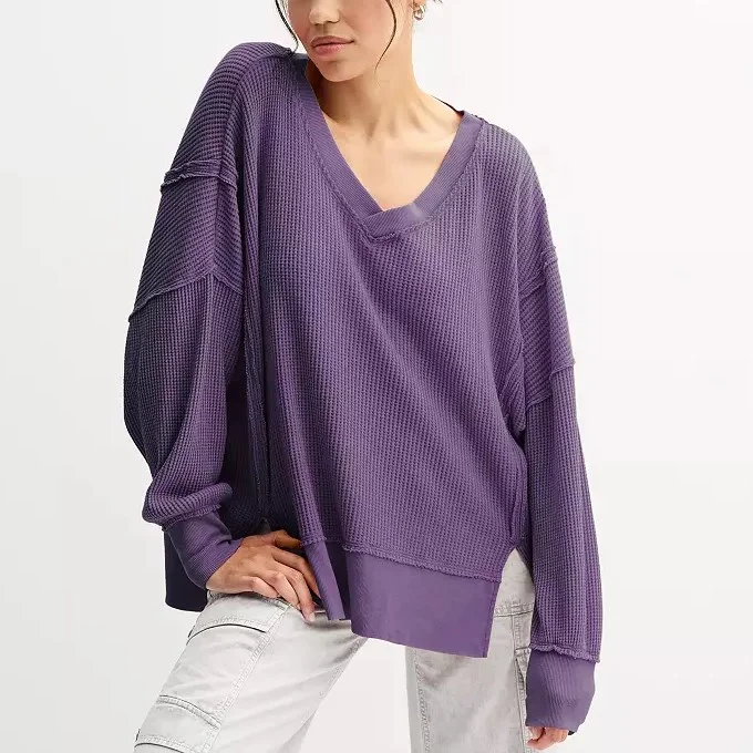 Oversized Waffle V Neck Top