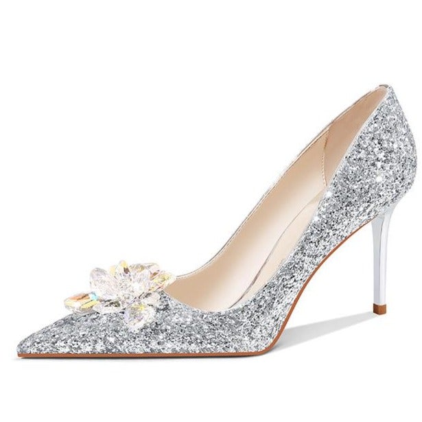 Champagne rhinestone glitter wedding pumps | Peals d¨cor pointed toe bridal shoes