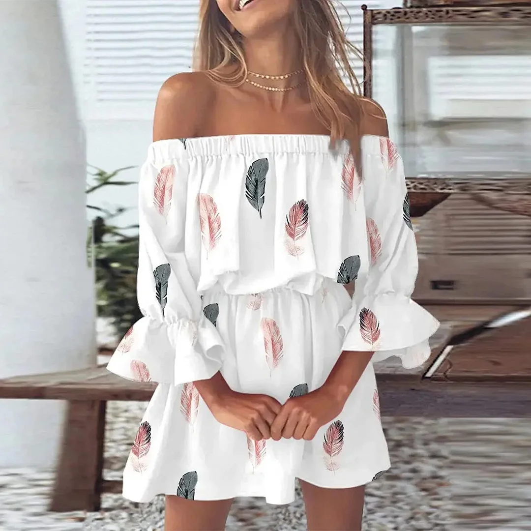 Ueong Women Sexy Floral Print Dress Summer Sexy Off Shoulder Casual Flare Sleeve Tunic Dress Female Boho Party Mini Dresses Vestidos