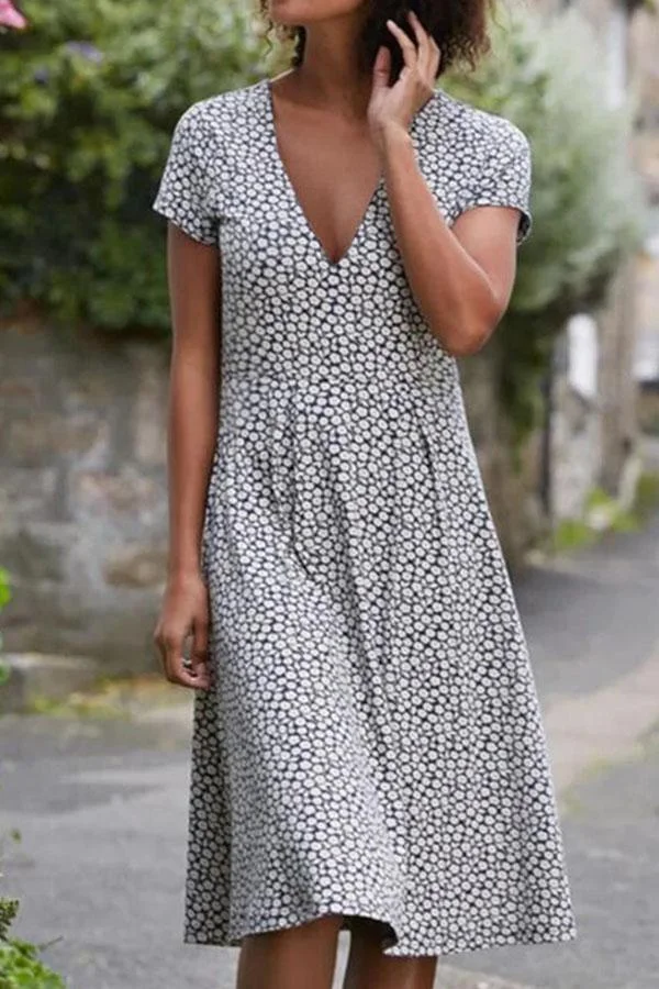 Floral Print Short Sleeve V Neck Casual Elegant Vintage Party Dress