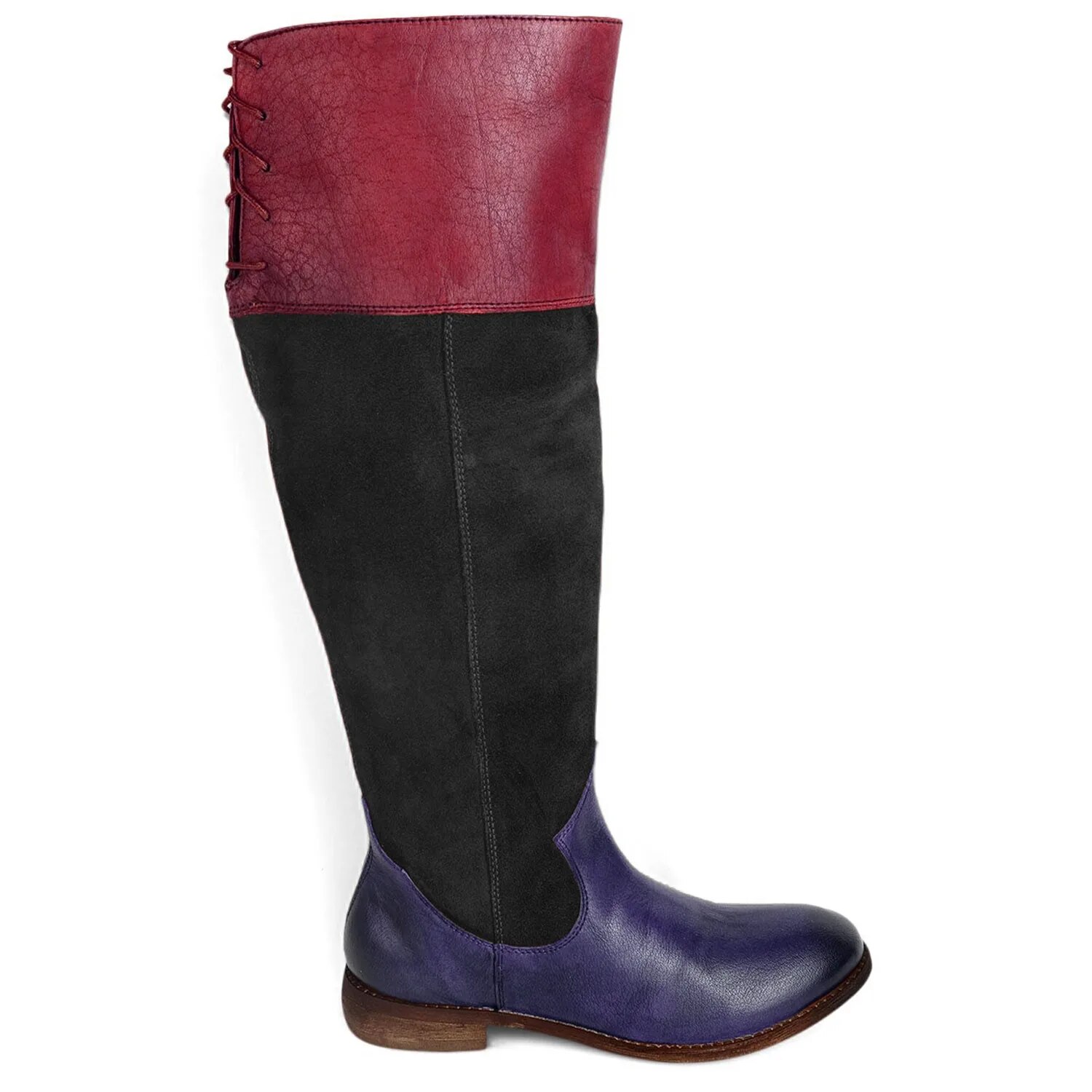 TAAFO Retro Multicolor Patchwork Women Knee-High Boots Low Heels Round Toe Long Booties ZipperShoes