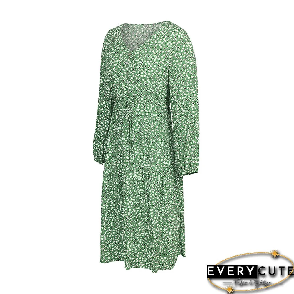 Light Green Floral Print V Neck Long Sleeve Dress