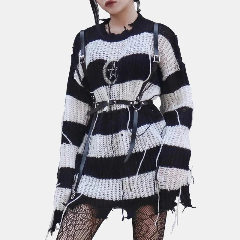 Punk Style Ripped Stripe Sweater