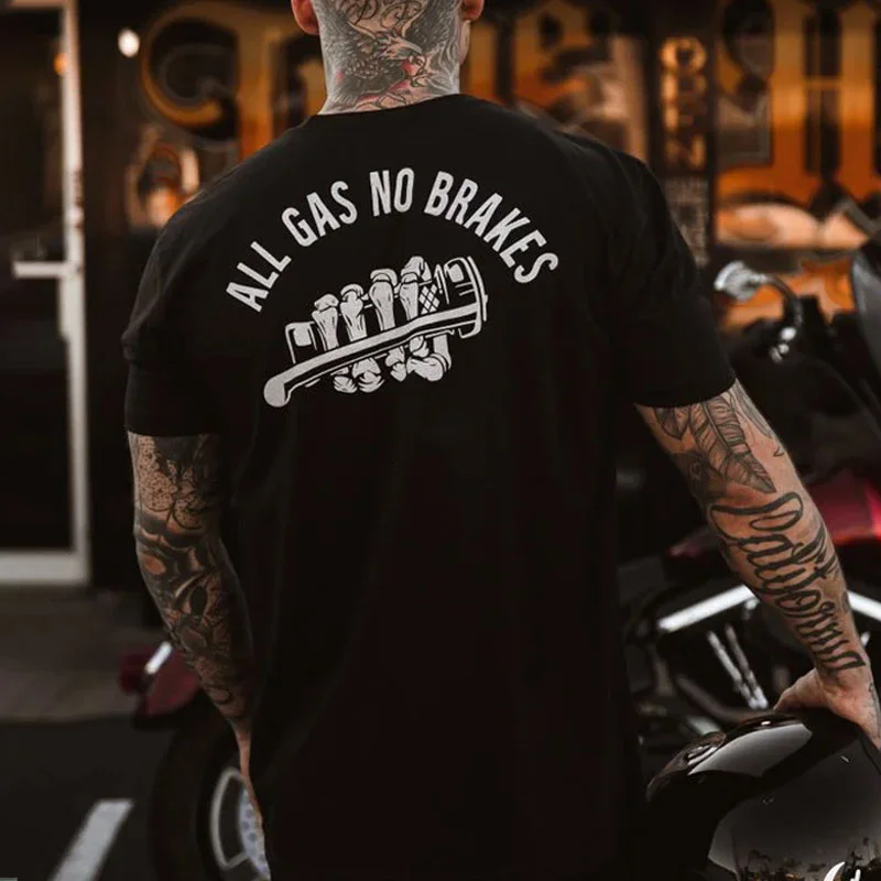 ALL GAS NO BRAKERS Bone Hand Motor Handle Black Print T-shirt