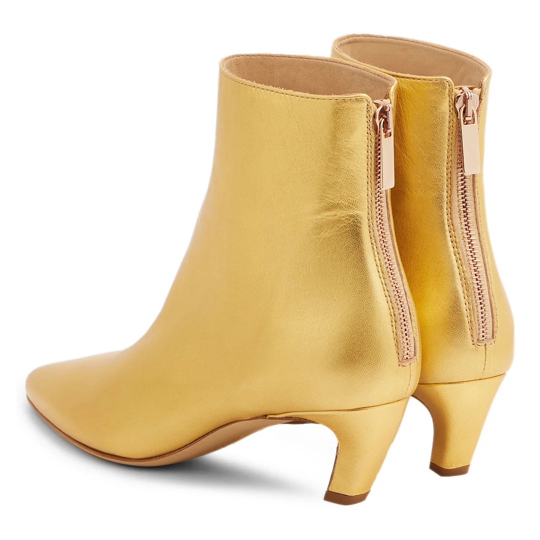 Vegan Leather Pointed Toe Back-Zip Kitten Heel Gold Ankle Boots