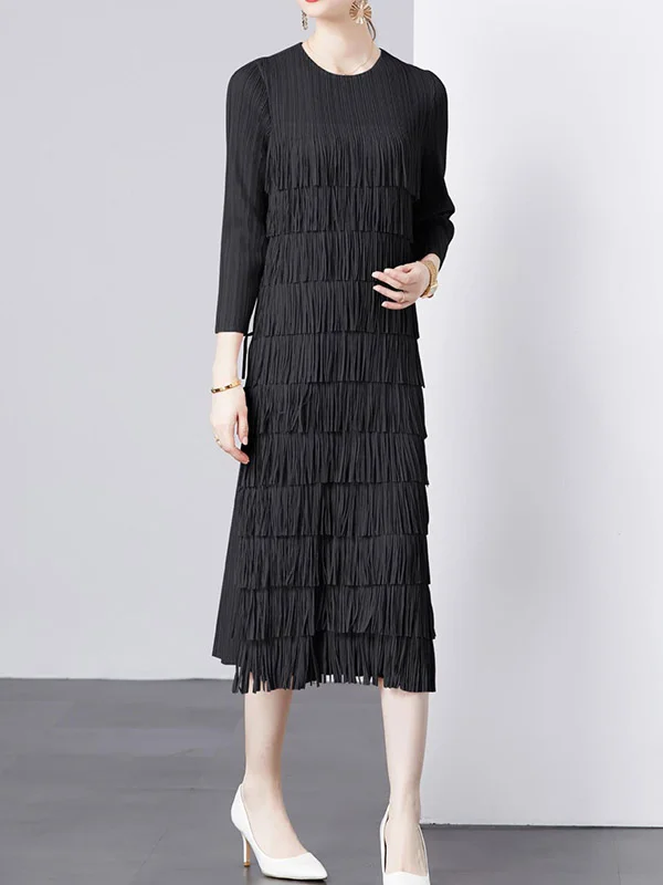 Tasseled Split-Joint Solid Color Pleated Loose Long Sleeves Round-Neck Midi Dresses