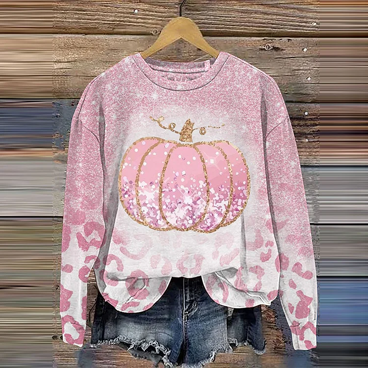 Halloween Pumpkin Breast Cancer Awareness Print Casual Sweatshirt