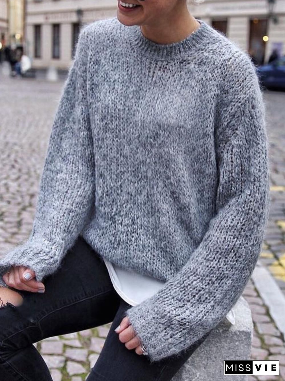 Casual Autumn Cotton Natural Mid-weight Daily Long sleeve Crew Neck Sweater for Women