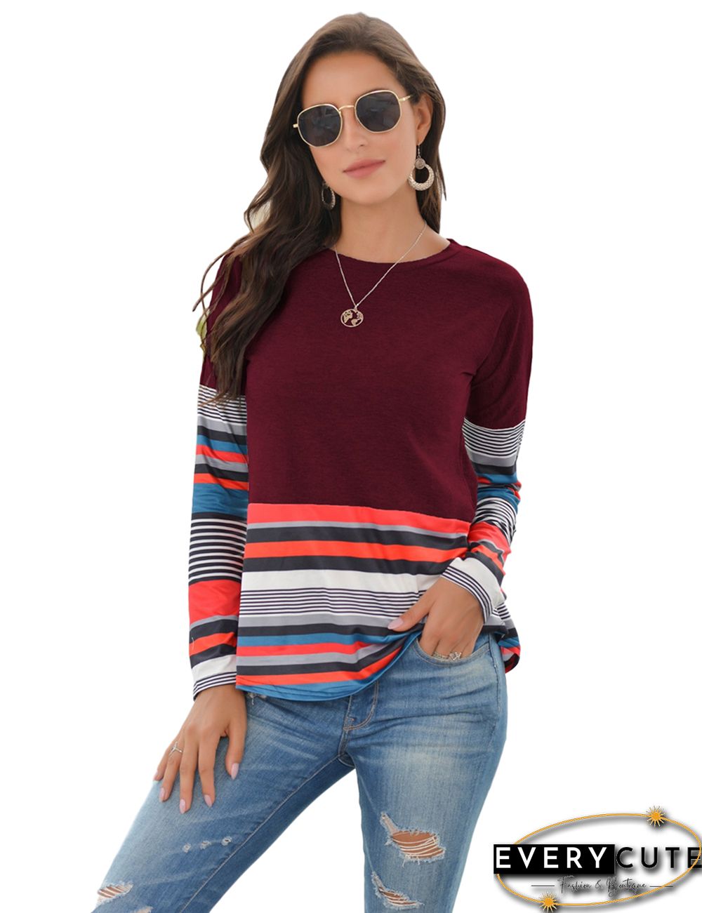 Wine Red Striped Colorlock Long Sleeve Top