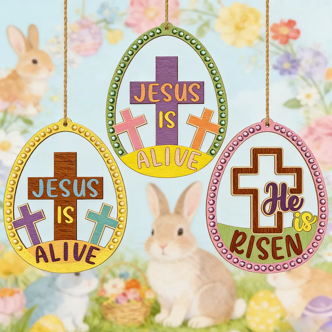 10Pcs Easter Cross DIY Unfinished Graffiti Wooden Pendant Wood Graffiti Crafts Hanging Ornaments for Living Room Office Party Decoration