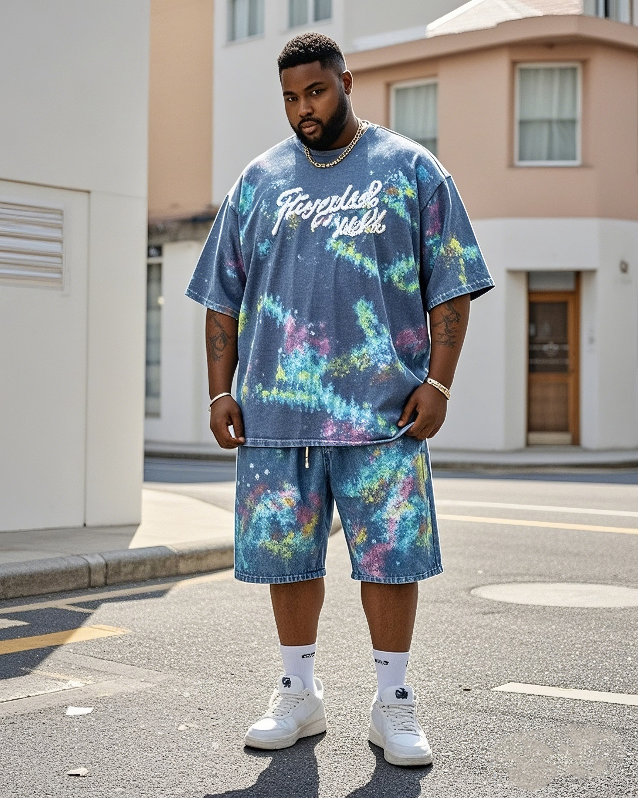 Plus Size Men's Gradient English Short-sleeved T-shirt Shorts Denim Suit
