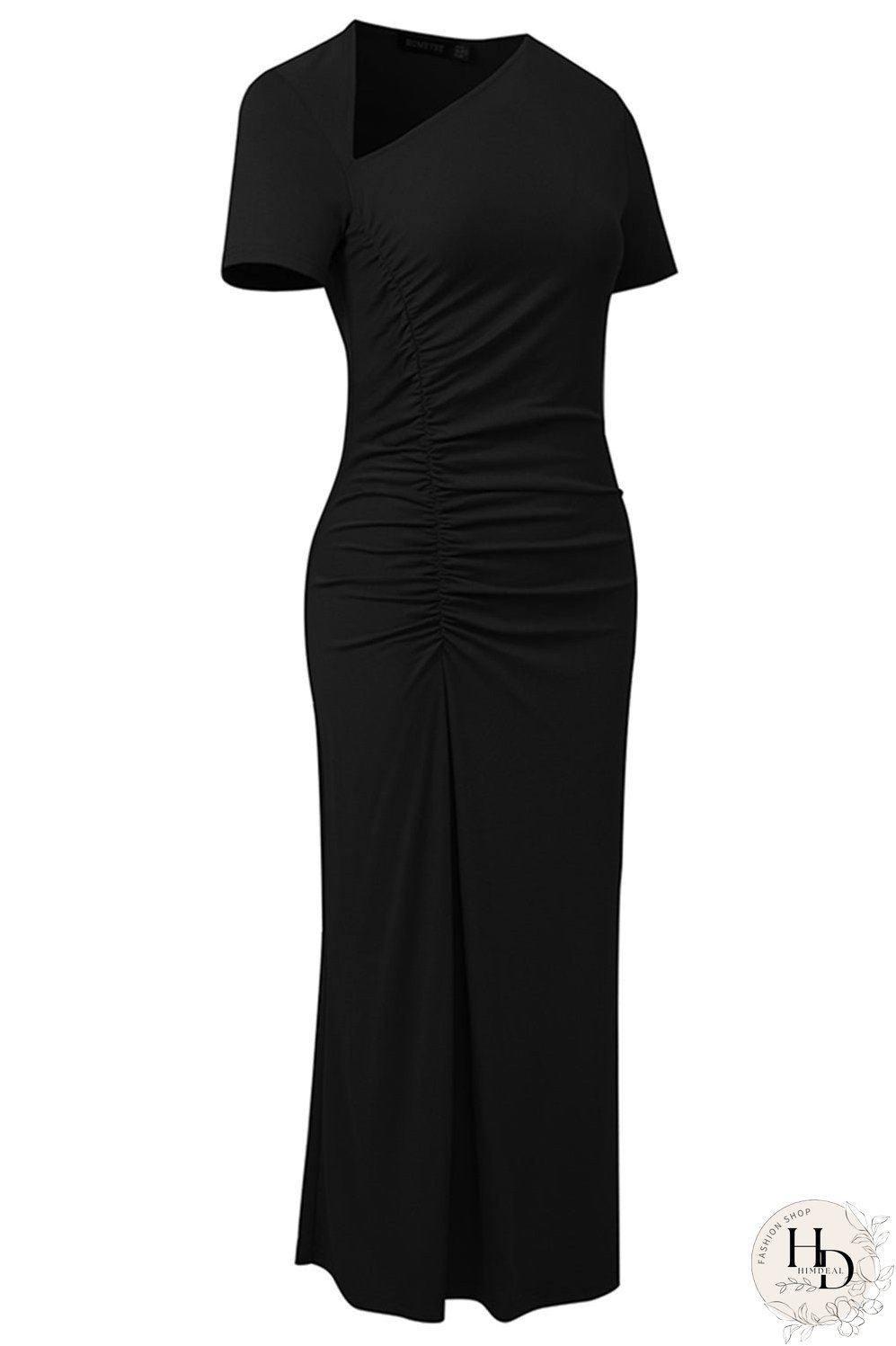 Asymmetrical Neck Short Sleeve Midi Dress