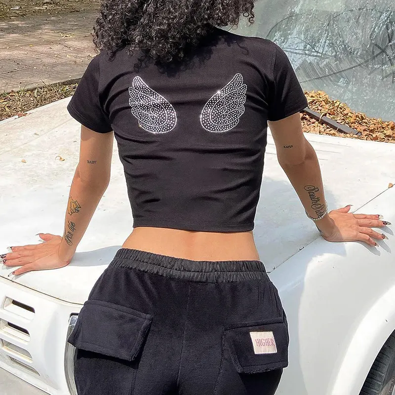 Uveng 2024 New Round Collar Hot Diamond Love Wing Print Short-Sleeved T-Shirt Summer Short Hottie Blouse