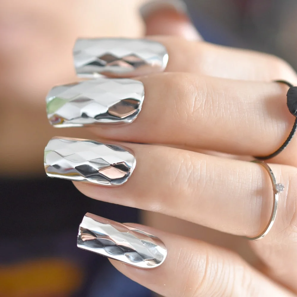 Mirror Metal Square Short Nails Silver Squat Gorgeous Beauty Fake Nails Reflective Artificial Press On Nails-Nail Inspo