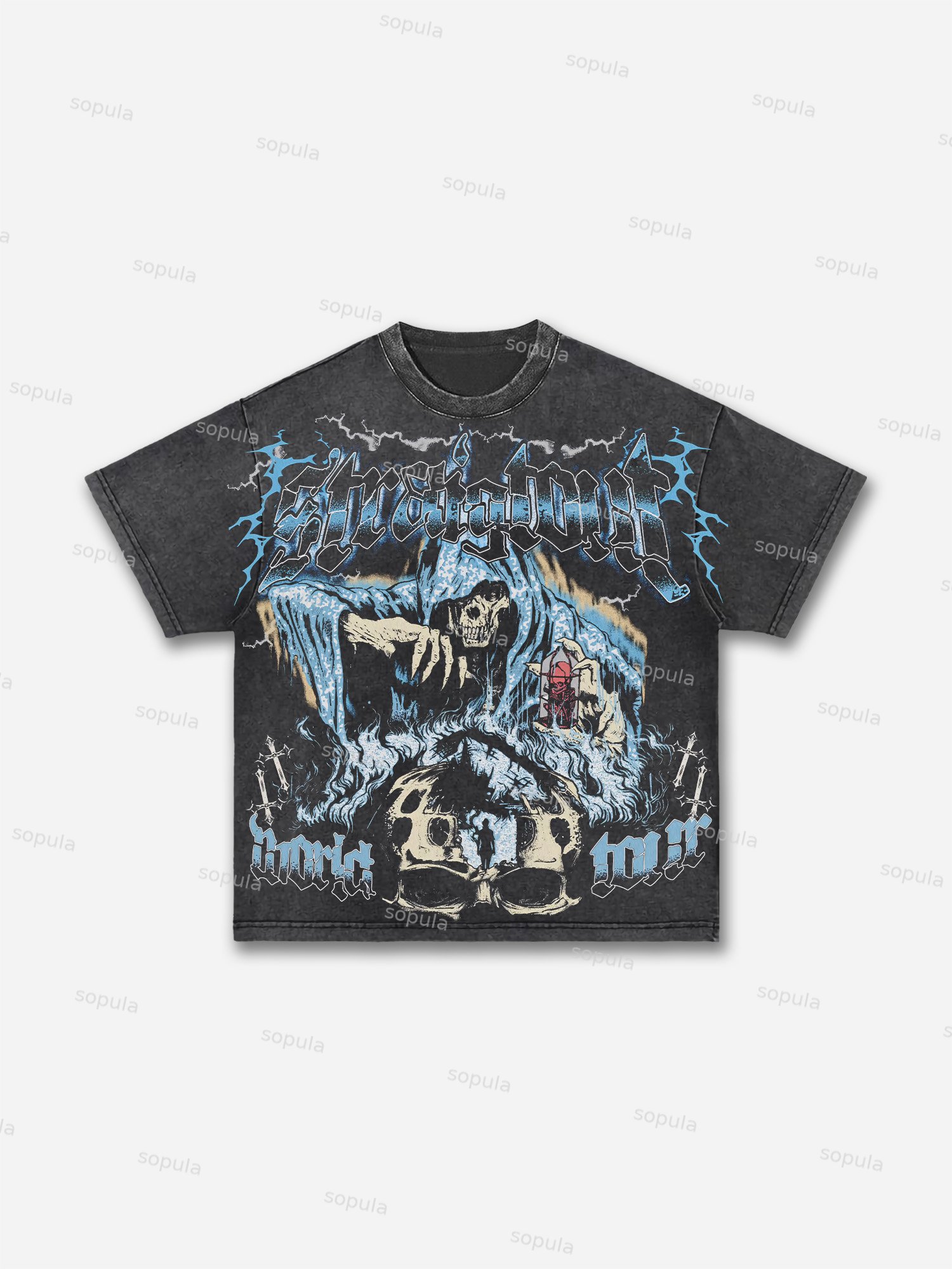 Vintage Grim Reaper Skull Graphic Print Acid Wash T-shirt