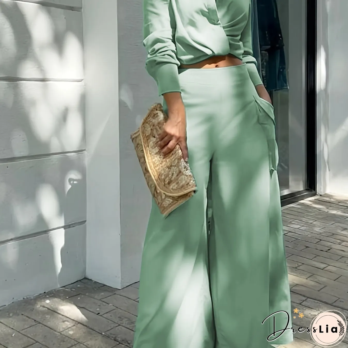 Casual Matching Two-piece Set, Long Sleeve Blouse & Wide Leg Pants Outfits, Women's Clothing