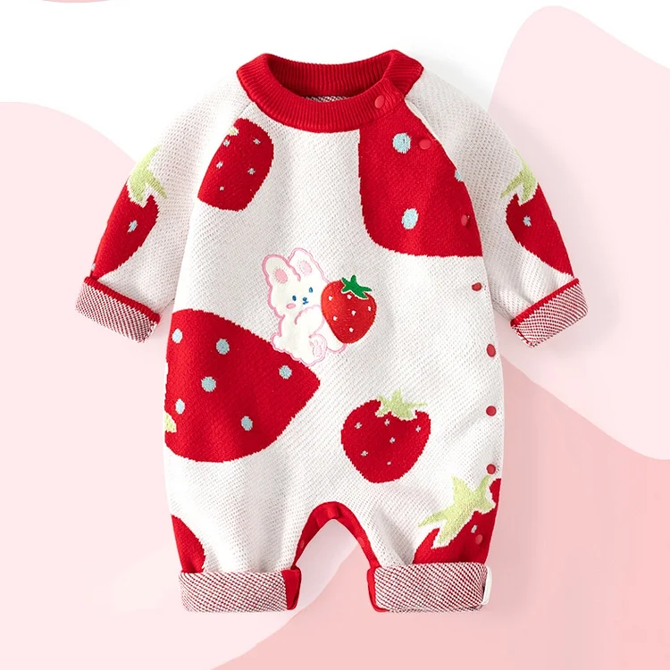 Baby Girl Rabbit and Strawberry Print Long Sleeve Knitted Romper