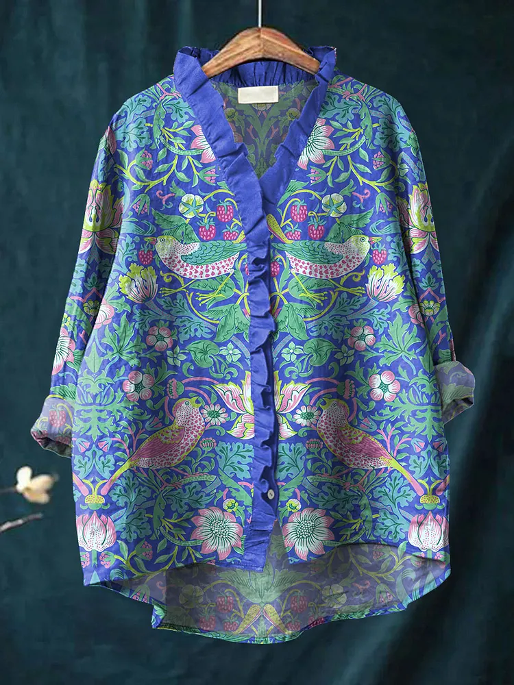 Women's Vintage Bird and Floral Art Print Casual Cotton And Linen Ruffle Shirt