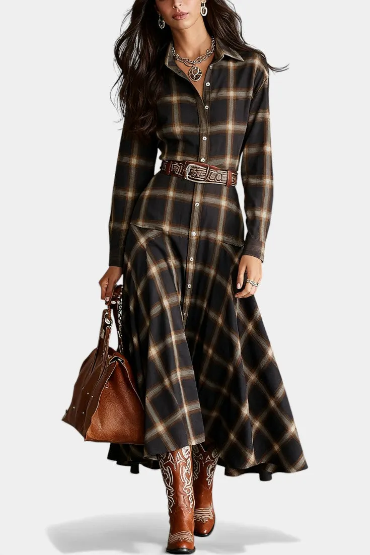 Plaid Button-Down Maxi Dress with Belt