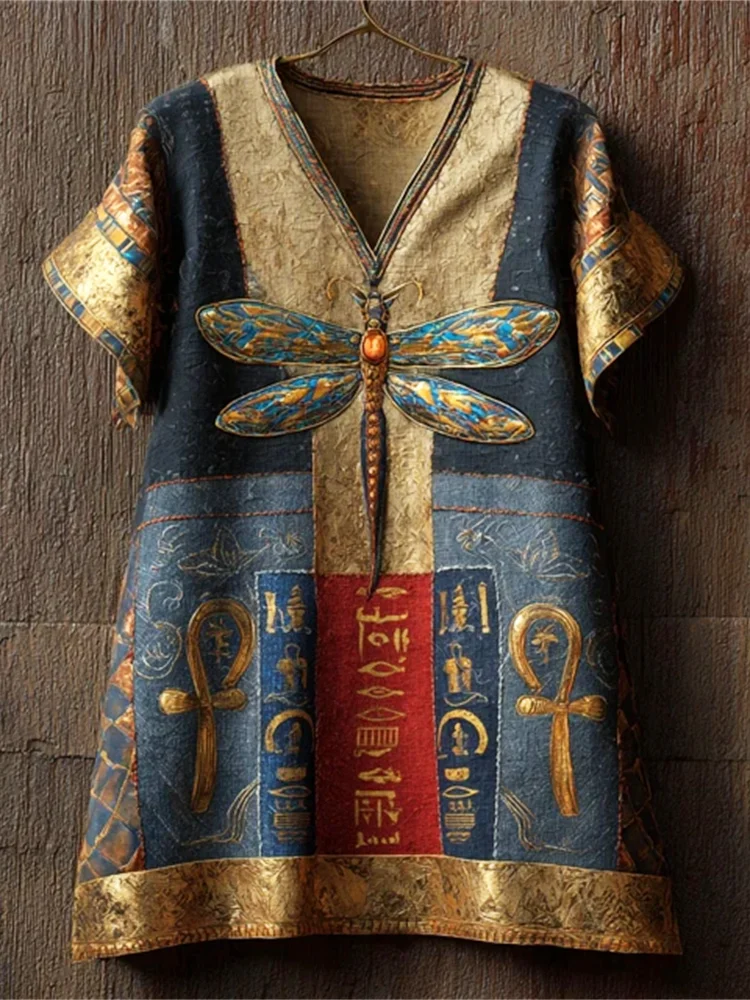 Vintage Egyptian Dragonfly & Ankh Elements Women's V-neck Linen Midi Dress
