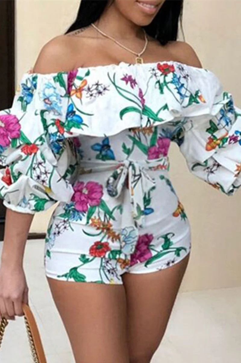 Sexy Casual Print Backless Off the Shoulder Regular Romper