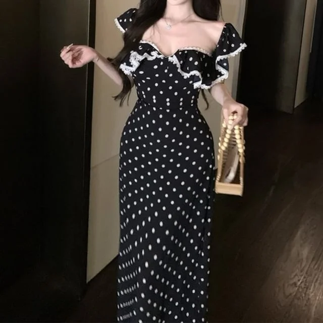 Dotted / Ruffle Cap-Sleeve Slim Lace Maxi Fit Sheath Tank Dress Trim Top