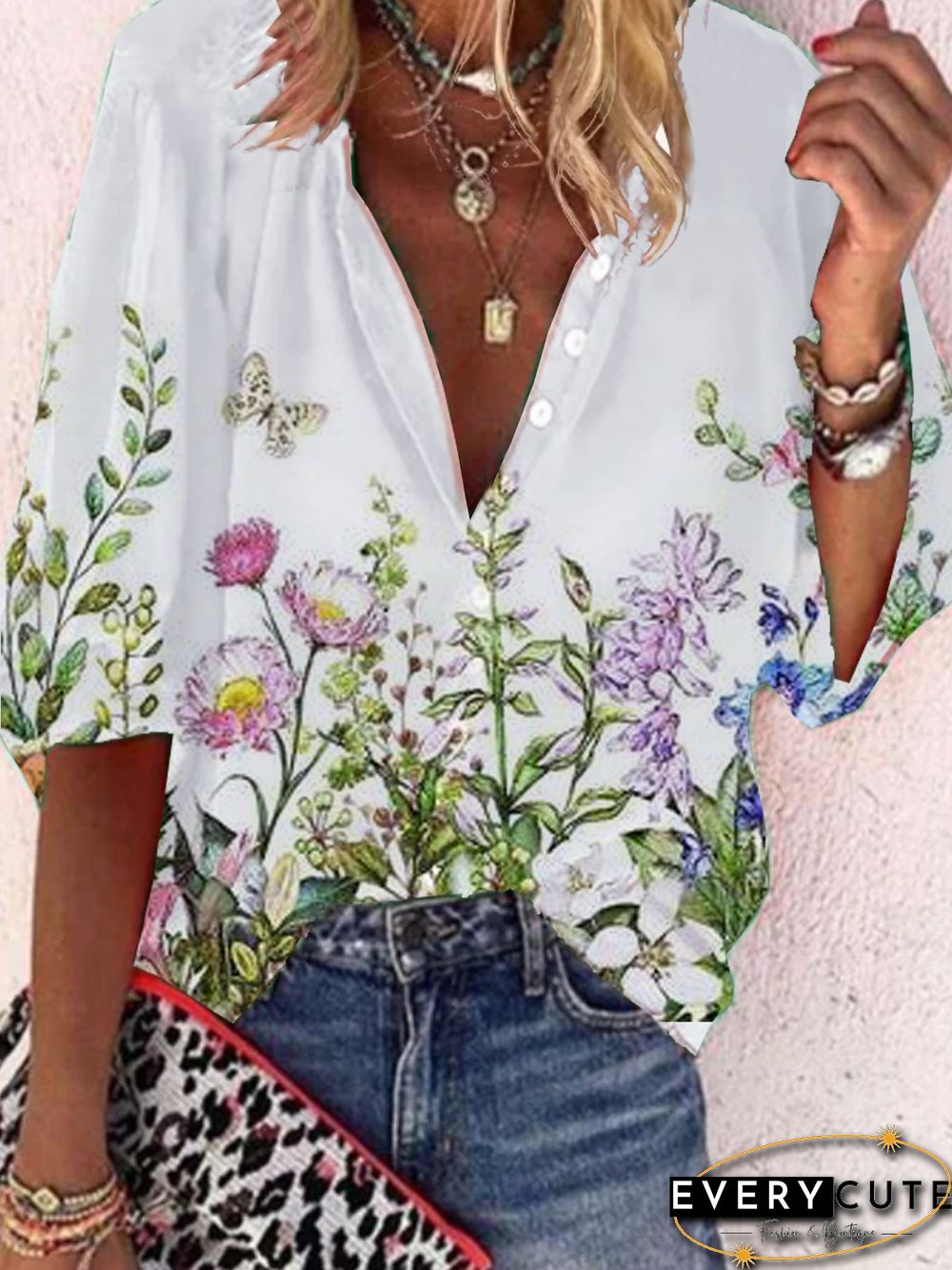 Floral Half Sleeve Printed Polyester Stand Collar Vintage Summer White Shirt
