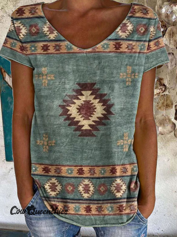 Vintage Aztec Art Print Crew Tee T-Shirt Multicolor / S