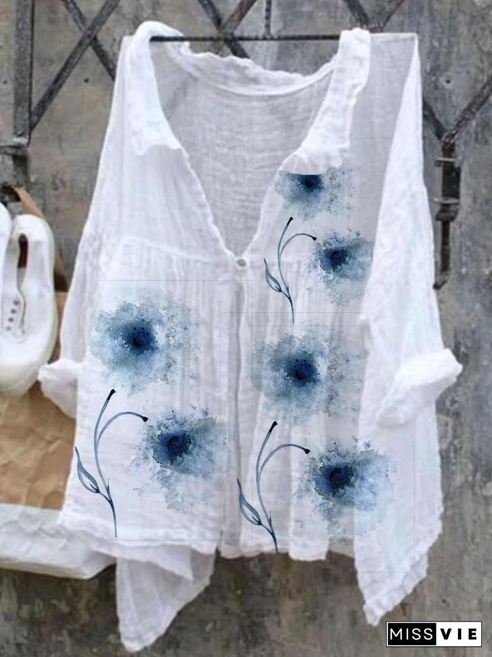 Vintage Floral Shirt Collar Blouse