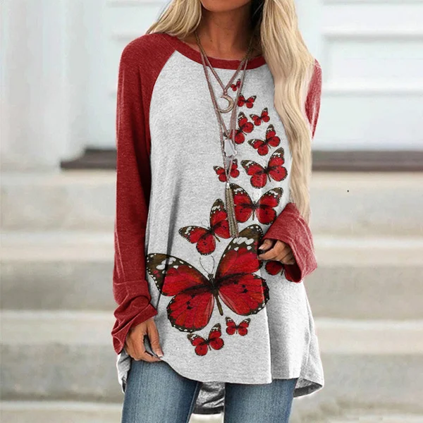 Vintage Butterfly Print Colorblock Tunic