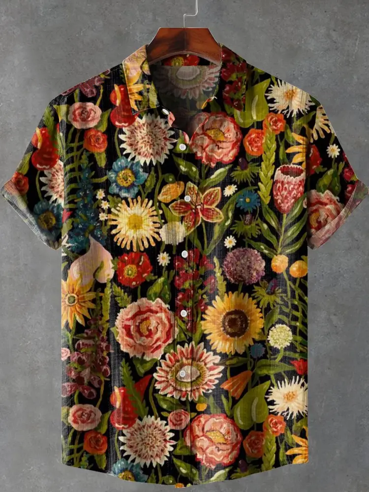Retro Flowers Art Print Lapel Casual Cotton Shirt