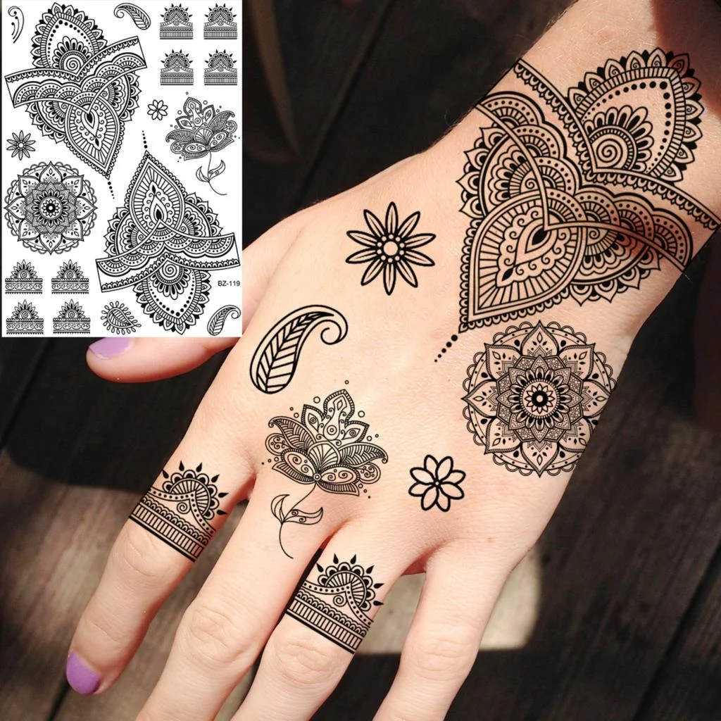 Henna Pendant Temporary Tattoos For Women Undertboob Girls Realistic Butterfly Rose Flower Fake Tattoo Sticker Chest Tatoos