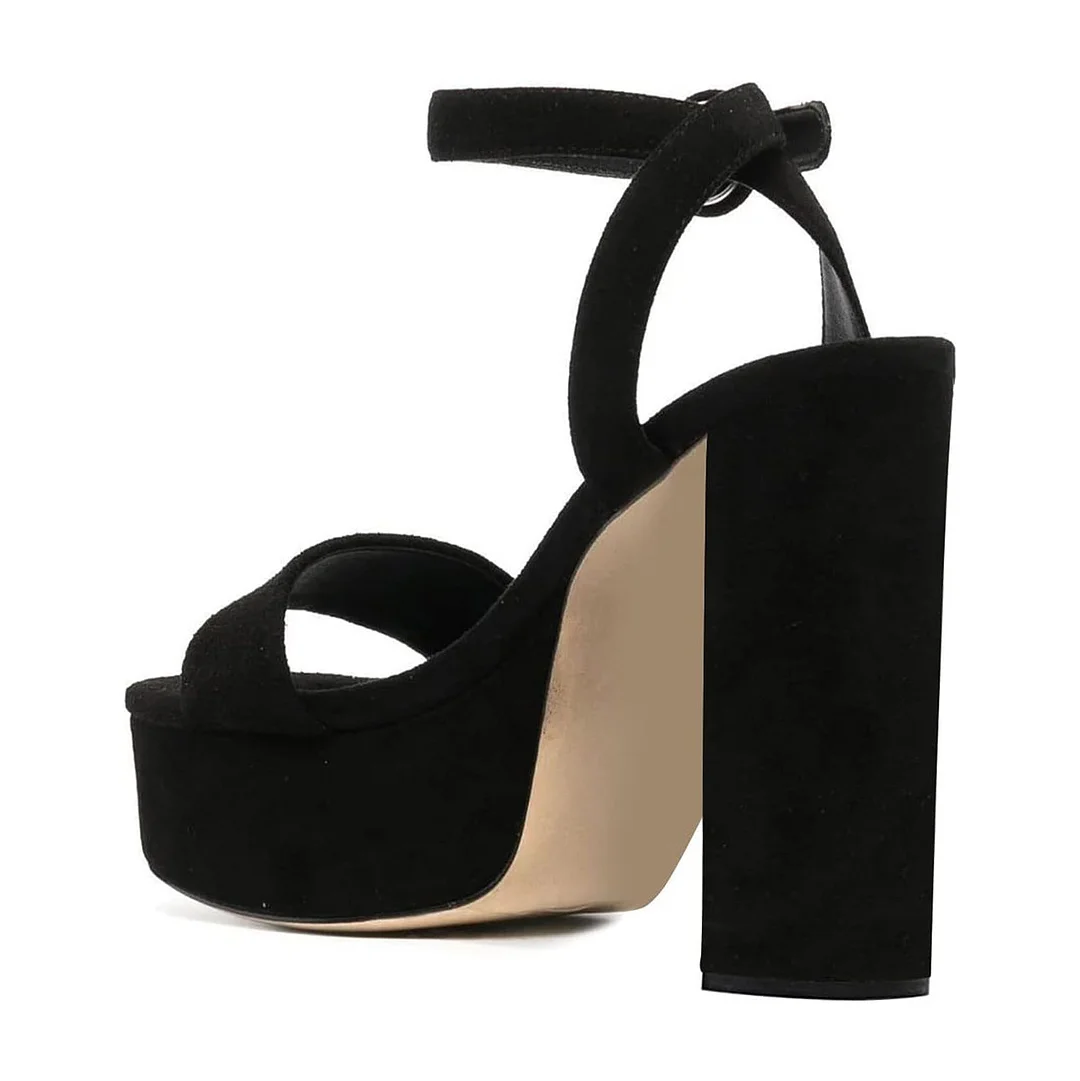 Black Buckle Ankle Strap Open Toe Chunky Heel Platform Sandals