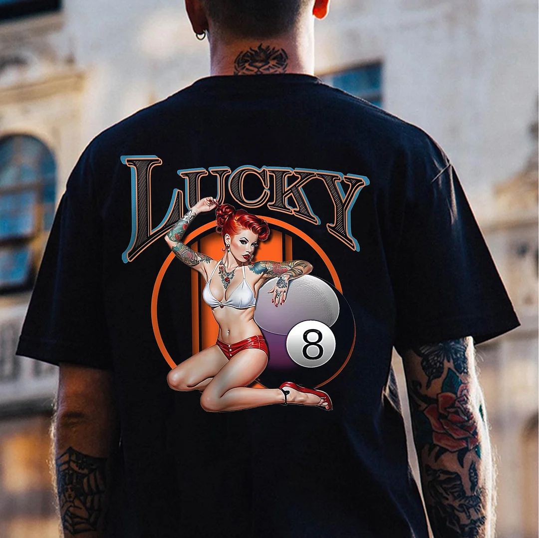 LUCKY Sexy Billiard Girl&8 Ball Print Men's T-shirt