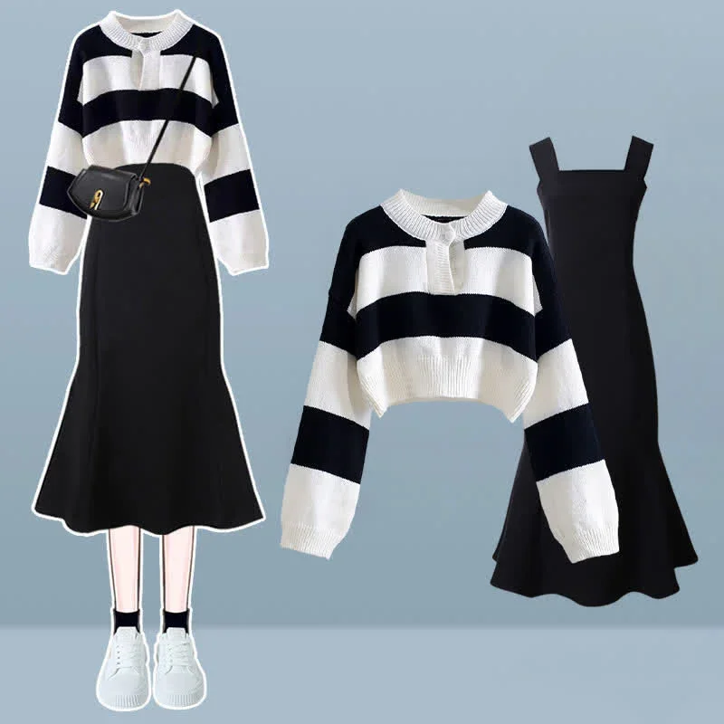 Chic Stripe Sweater Fishtail Slip Dress