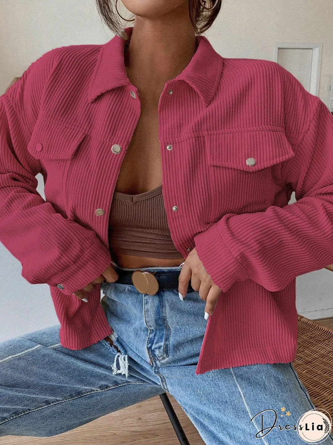 Honey Pocketed Collared Neck Snap Down Jacket