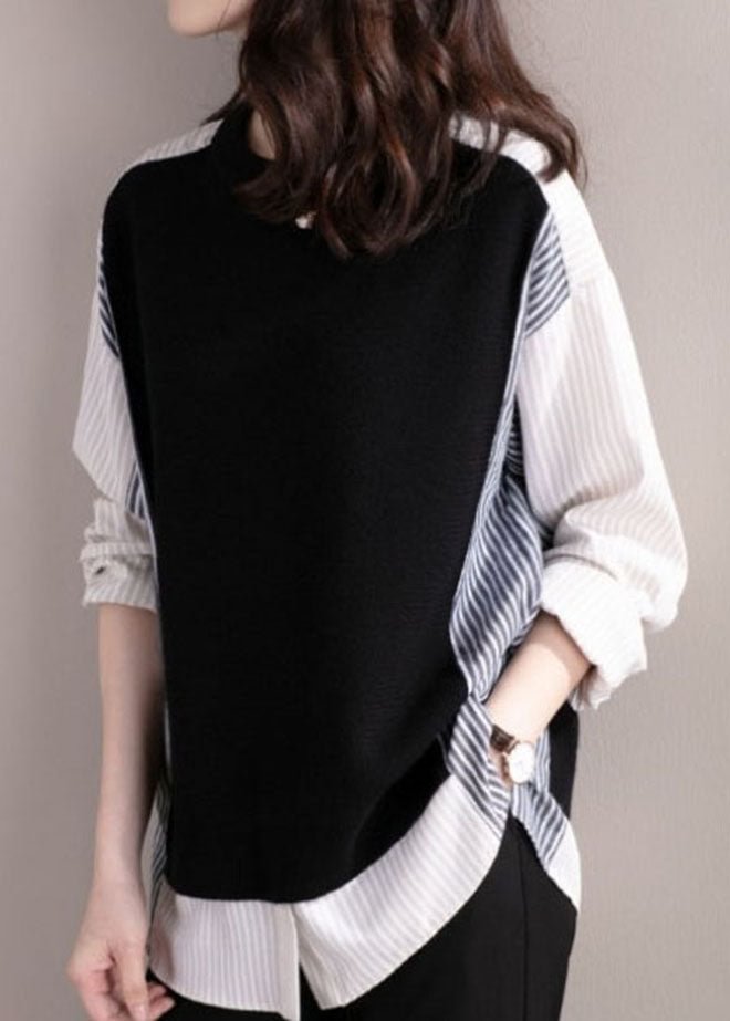 Casual black O-Neck Striped Patchwork Shirt Fake two top Spring CK730- Fabulory
