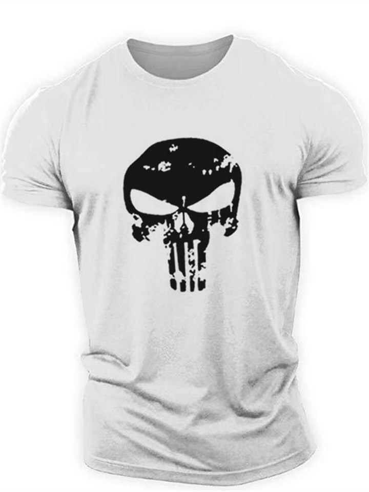 Sports Casual Men's Short-sleeved T-shirt Cotton Solid Color Bottoming Shirt Round Neck Skull Pattern T-shirt