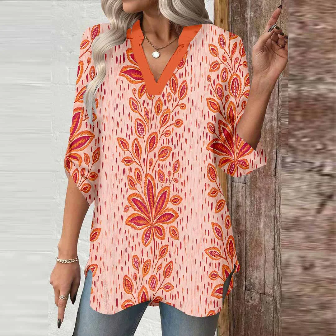 Women Floral, Pink DZGA0122 3/4 Sleeve V-neck Printed Graphic Button Tops