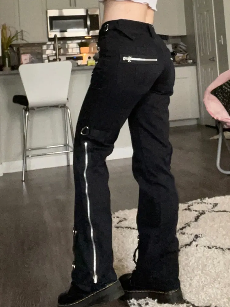 Rapcopter Metal Zipper Flare Jeans Goth Black Low Waisted Cargo Pants Pockets Punk Academic Fashion Sweatpants Women Korean Jean