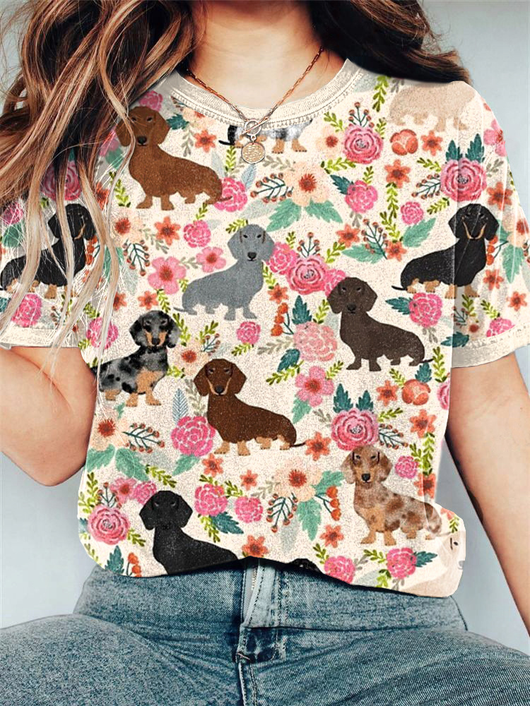 Comstylish Dachshund Dog & Floral Print Casual Cotton T-Shirt