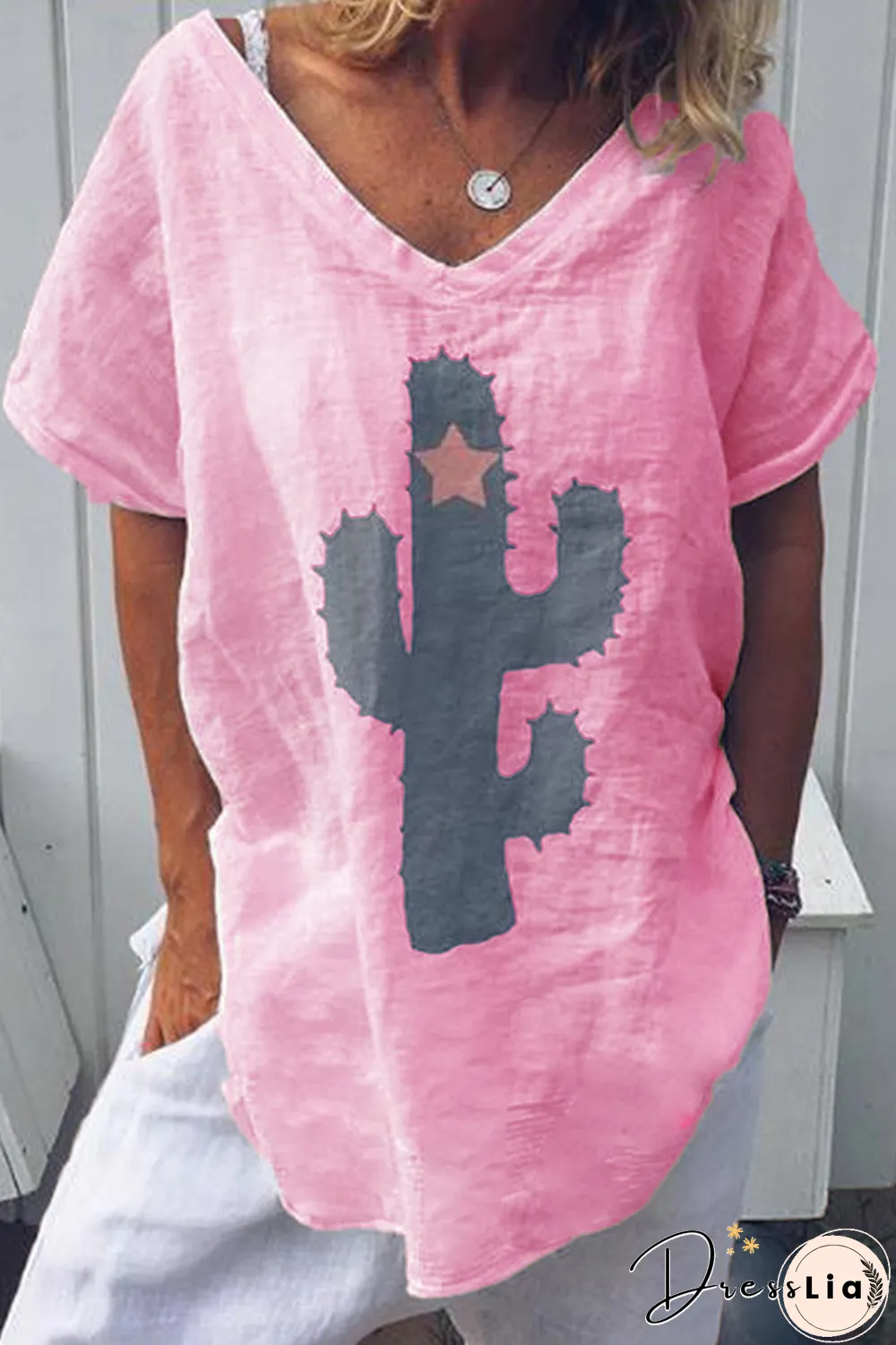 Fashion Print Split Joint V Neck T-Shirts(5 Colors)