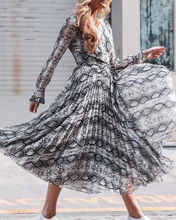 Snakeskin Pleated Elegant Midi Dress