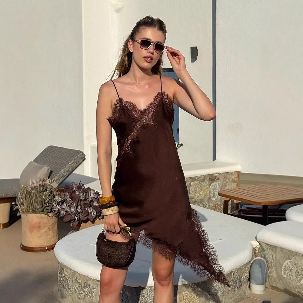 Solid Lace Trim Spaghetti Strap Irregular Hem Mini Slip Dress
